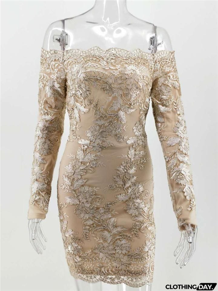 Gorgeous Off Shoulder Long Sleeve Floral Applique Thigh-Length Bodycon Party Dress