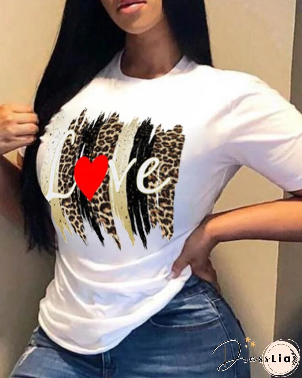 Leopard Letter&Heart Print Short Sleeve T-shirt