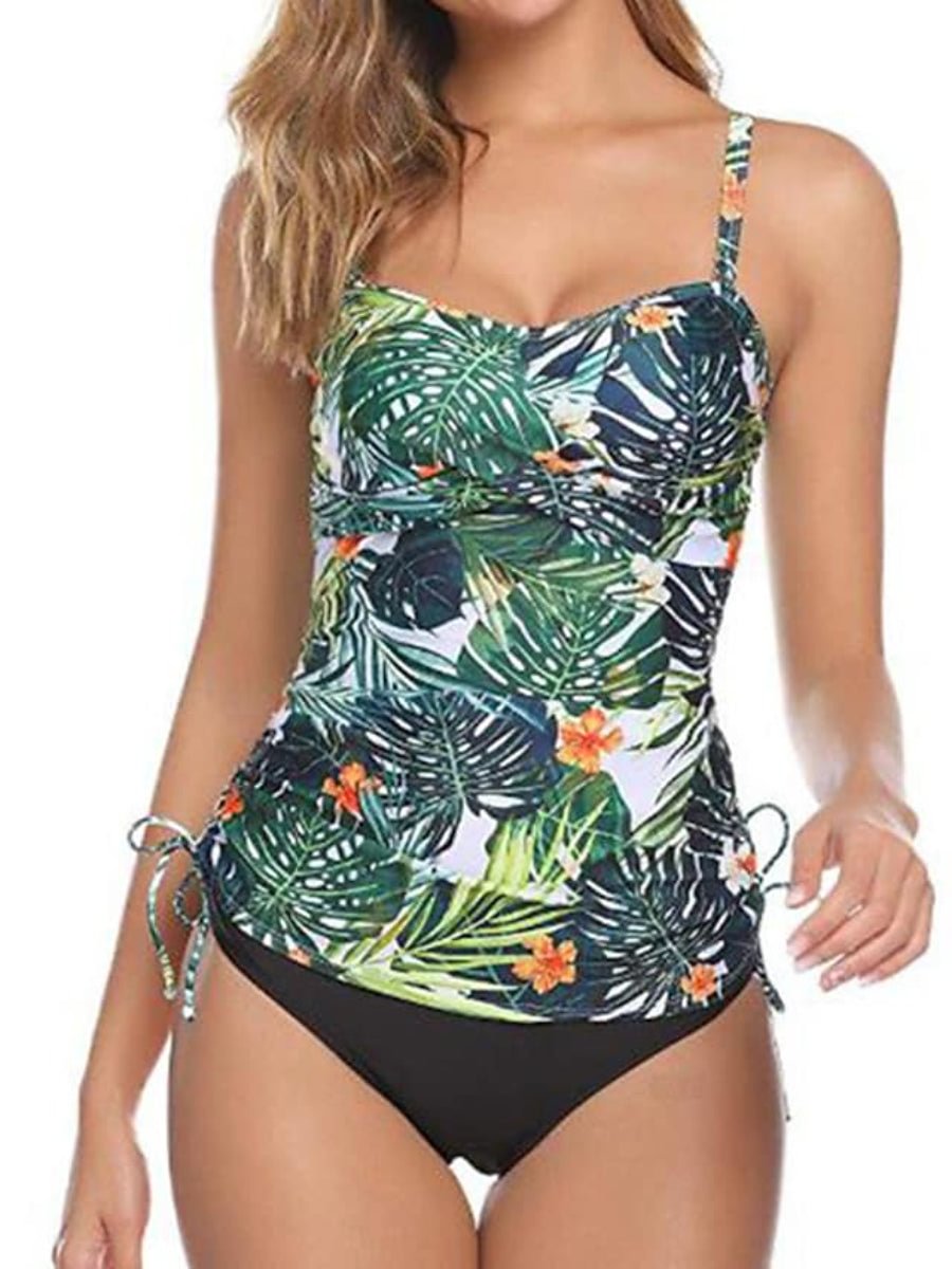 Women's Swimsuit Open Back Green Camisole Strap Fashion Two Piece Set
