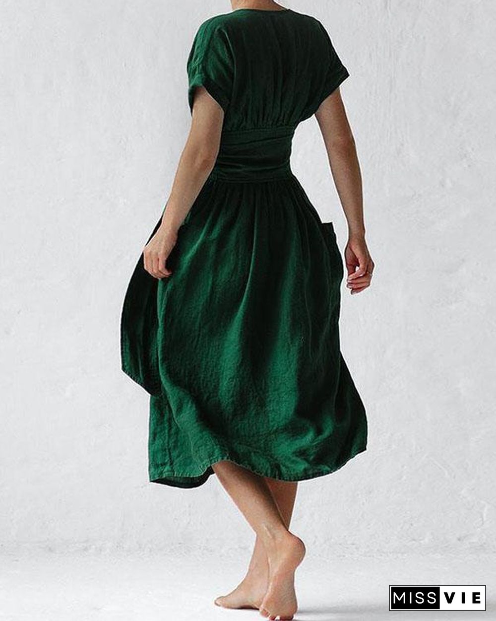 Elegant Solid V Neck Linen Bandage Waist Dresses