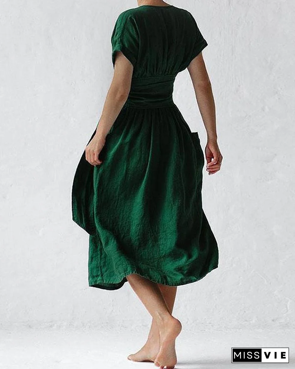 Elegant Solid V Neck Linen Bandage Waist Dresses