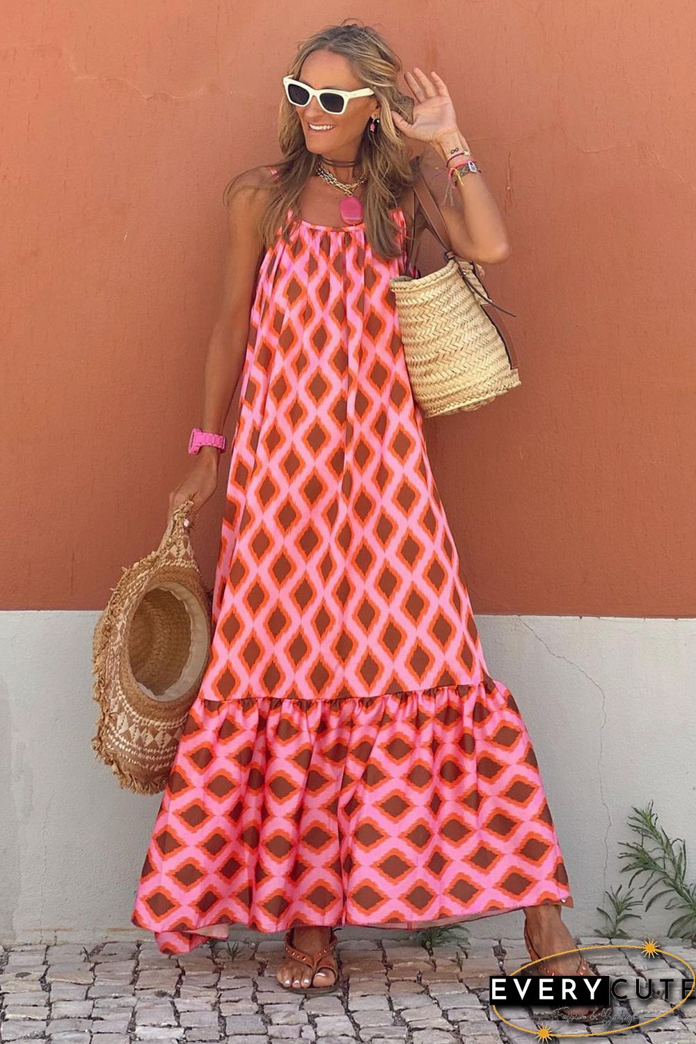 Red Geometric Print Loose Fit Sleeveless Maxi Dress