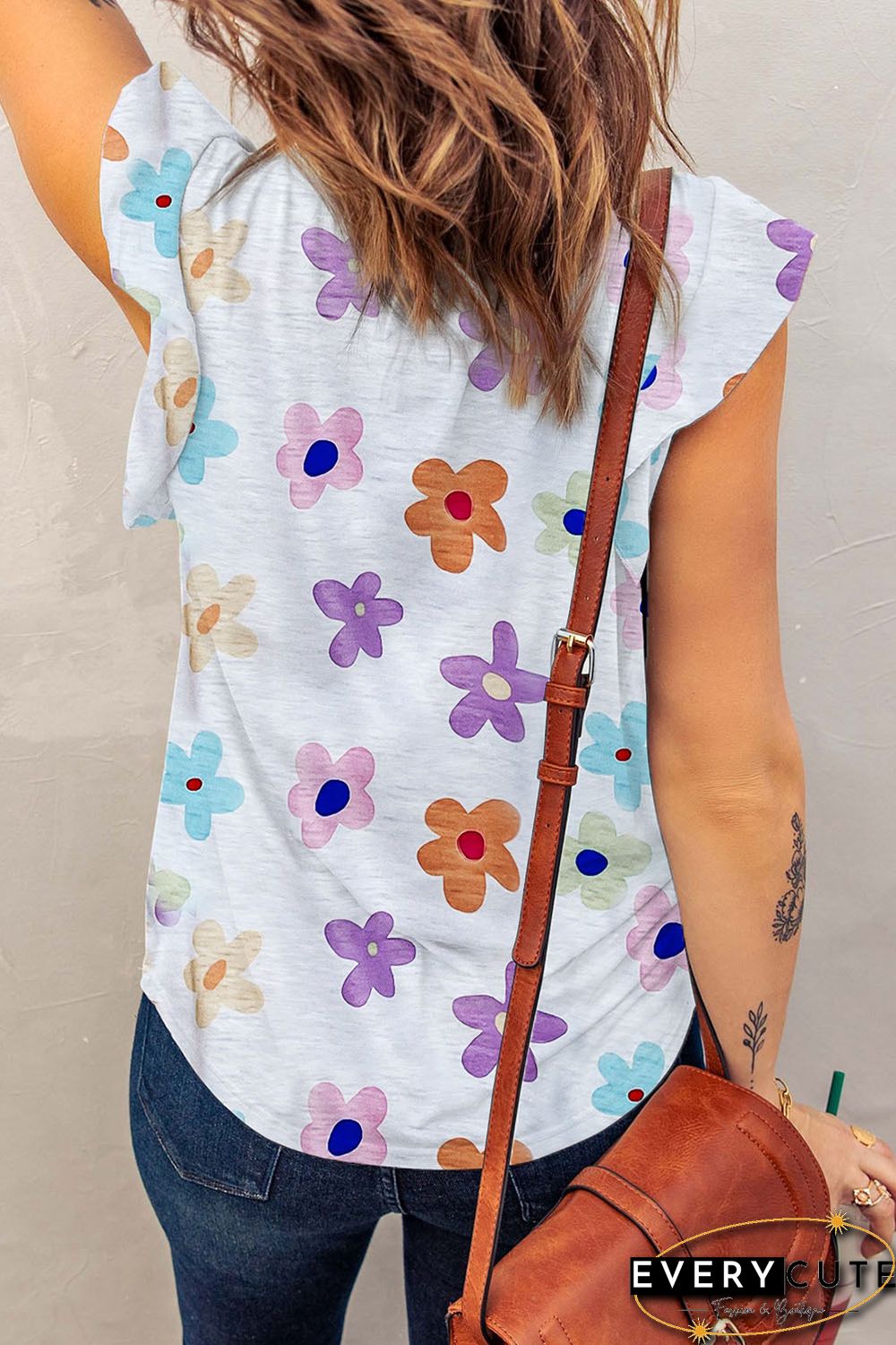 White Flower Print Notch V-Neck Flutter Sleeveless Tank