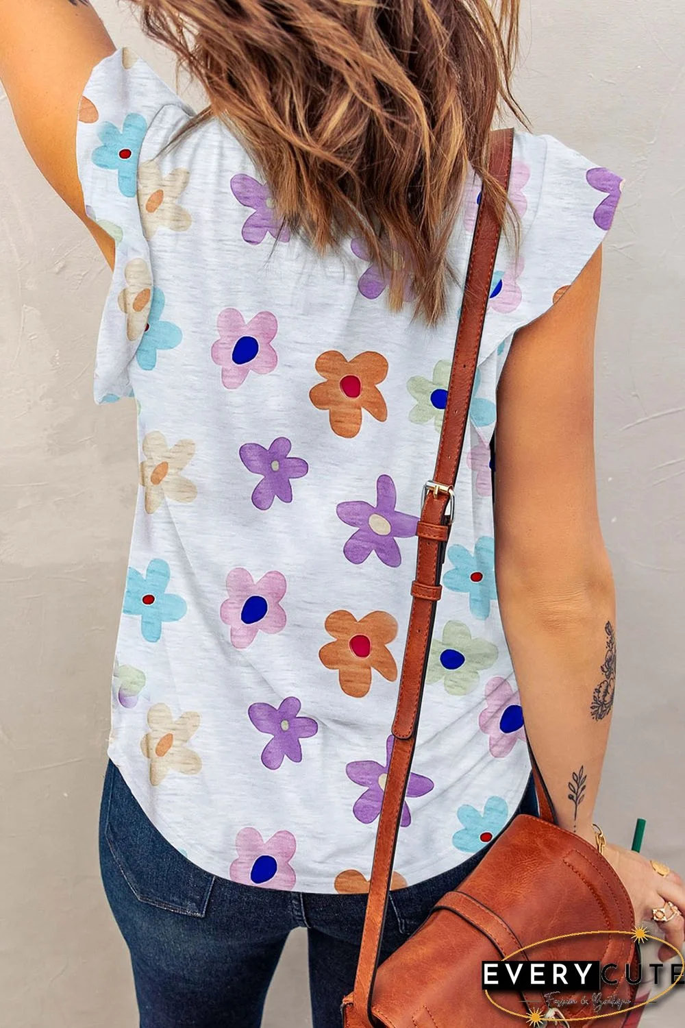 White Flower Print Notch V-Neck Flutter Sleeveless Tank