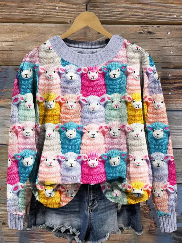 VChics Cute Farm Pastel Sheep Embroidery Art Cozy Knit Sweater