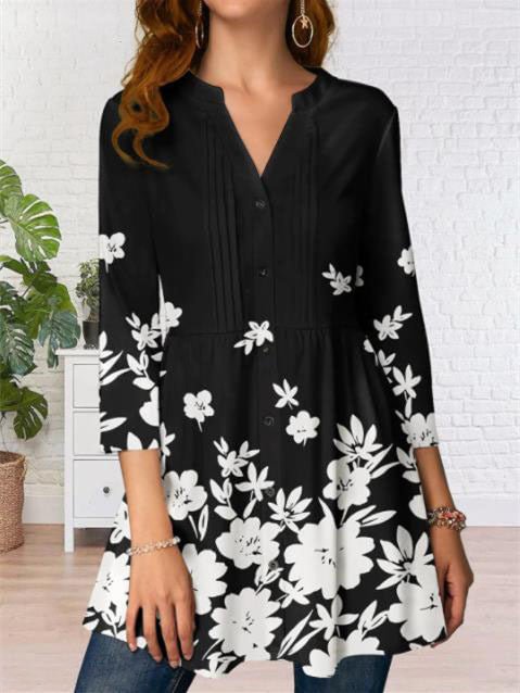 Women's 3/4 Sleeve V-neck Floral Printed Tops