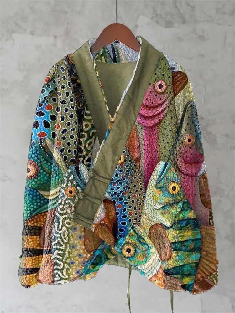 Vintage Colorful Fish Art Wool Kimono Cardigan