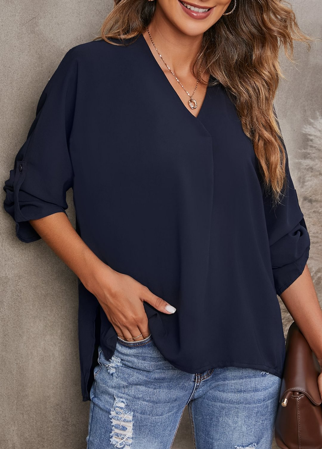 Roll Tab Sleeve Navy V Neck Blouse