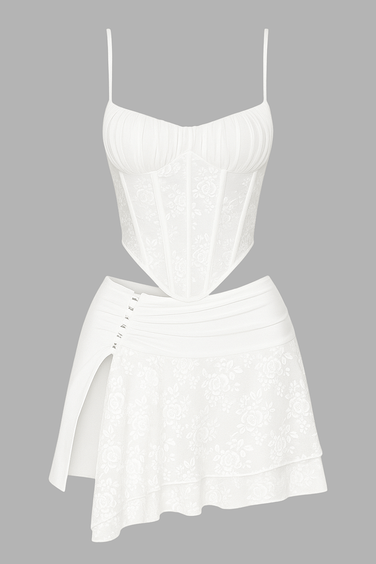 Lace Patchwork Cami Corset Slit Mini Skirt 2pcs Set-White