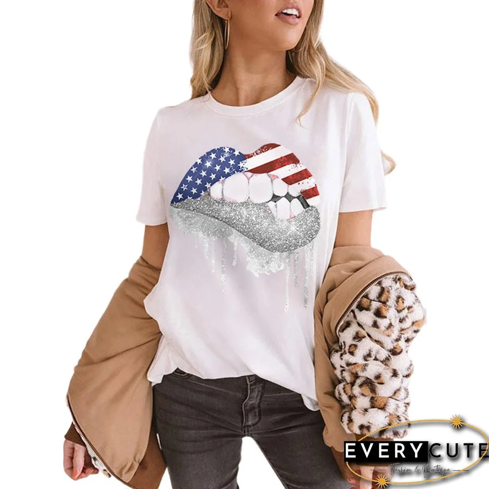 Sequined Lips Print White Tees
