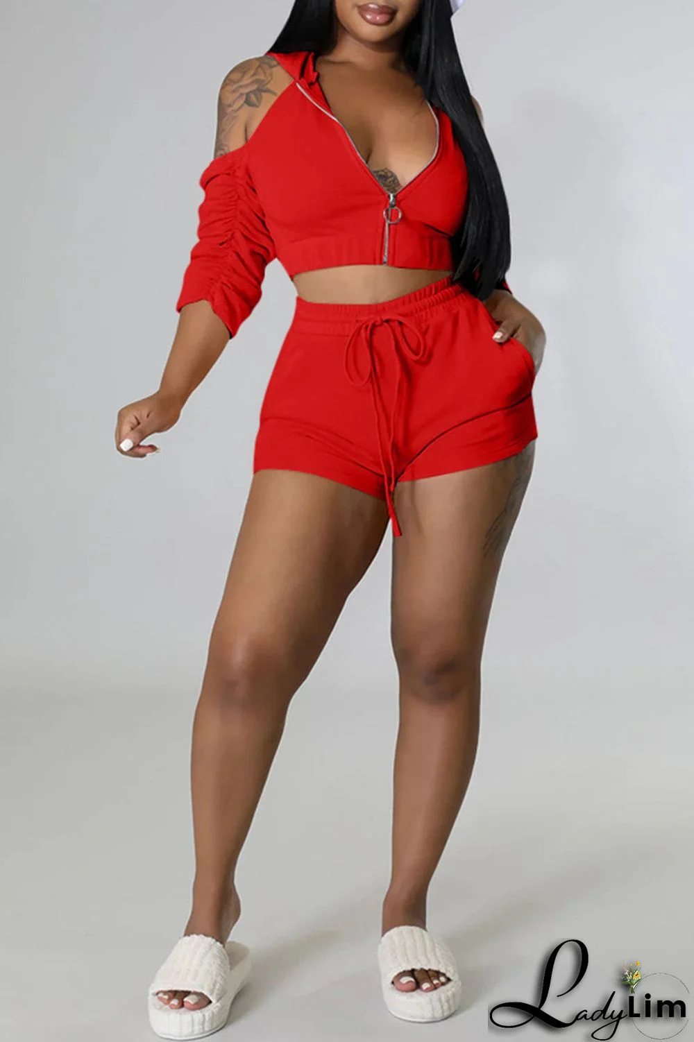 Rose Red Fashion Casual Solid Backless Fold Half A Turtleneck Half Sleeve Two Pieces