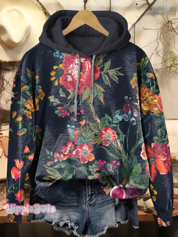 Retro Gorgeous Flower Print Casual Hoodie Sweatshirt Multicolor / S