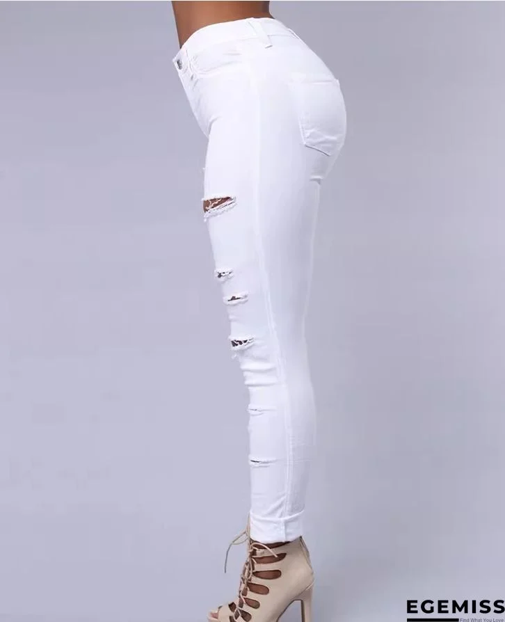 White Fashion Casual Solid Ripped High Waist Skinny Denim Jeans | EGEMISS