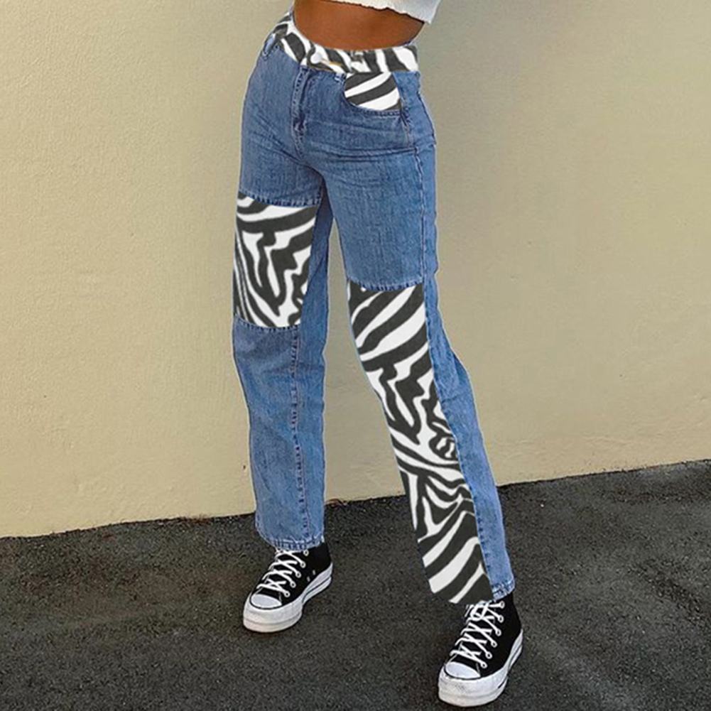 

Women Fashion High Waist Striped Splicing Jeans Full Length Straight Pants, Blue, 501 Original