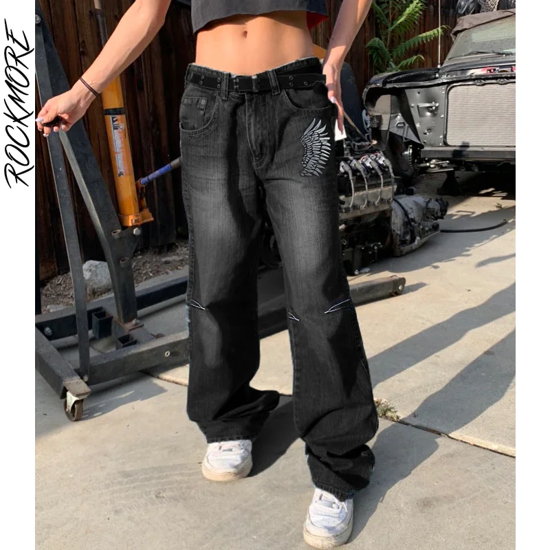 Wongn More Vintage Low Rise Jeans Black Women's Print Cargo Pants Punk Streetwear Baggy Straight Denim Trousers 90s Grunge 2021