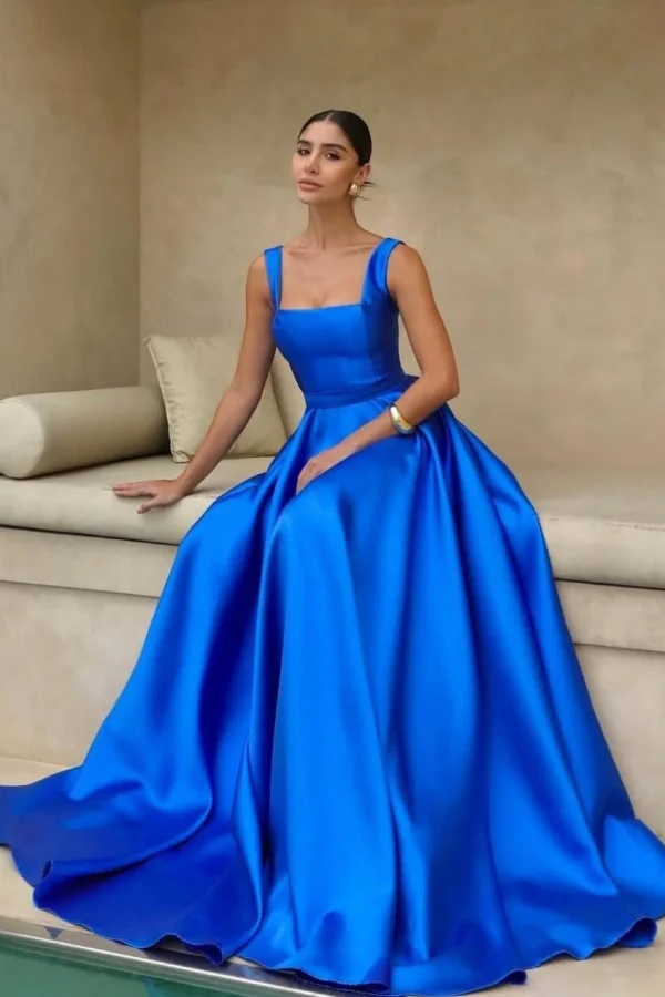 Elegant Royal Blue Wide Shoulder Straps Square Neck A-Line Prom Dress ZT0768