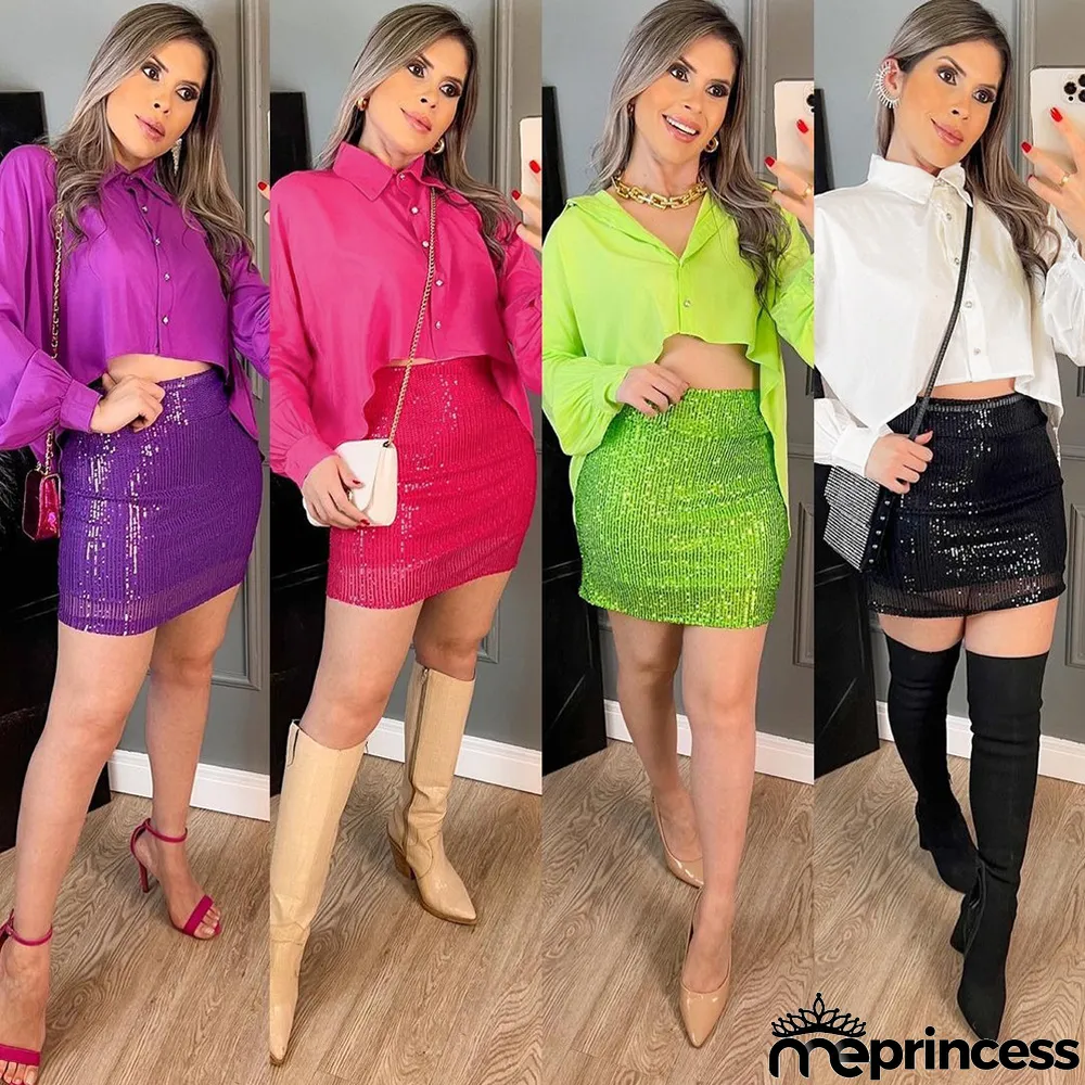 Solid Color Long Sleeve Shirt And Sequin Skirts Two Piece Set