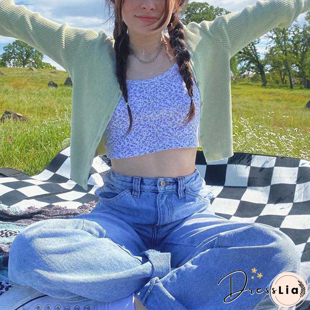 Ribbed Knit Flower Prints Cropped Cami Tops Lace Trim Tank