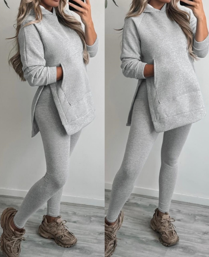 Winzsparks Two Piece Set Women Outfit 2025 Autumn Fashion Side Slit Kangaroo Pocket Design Long Sleeve Hoodie & Skinny Leggings Pants Set