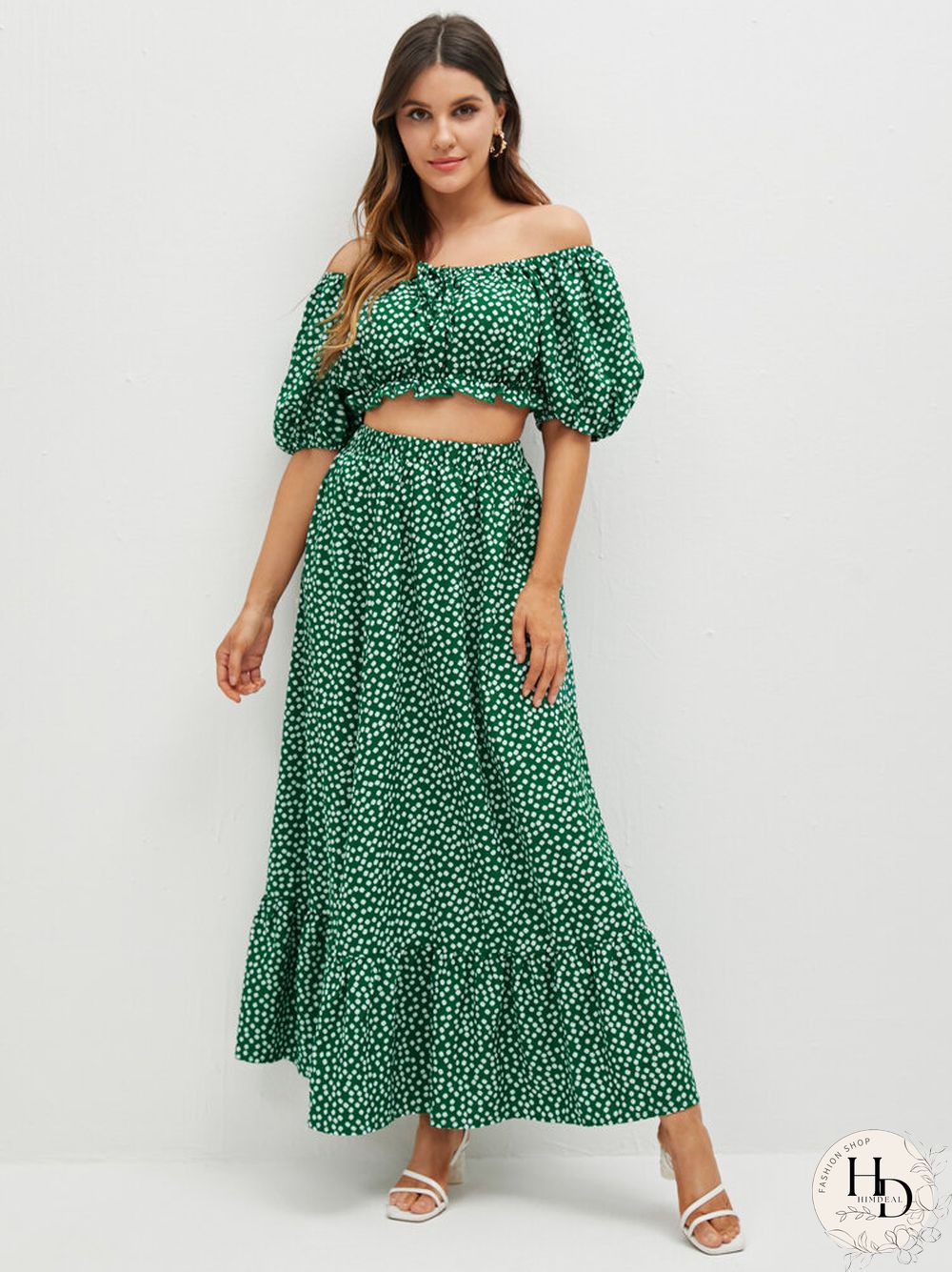 Floral Print Off Shoulder Crop Top Skirt Two Pieces Suit