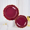 10 Pack | 8" Burgundy Plastic Dessert Salad Plates, Disposable Tableware Round With Gold Scalloped Rim