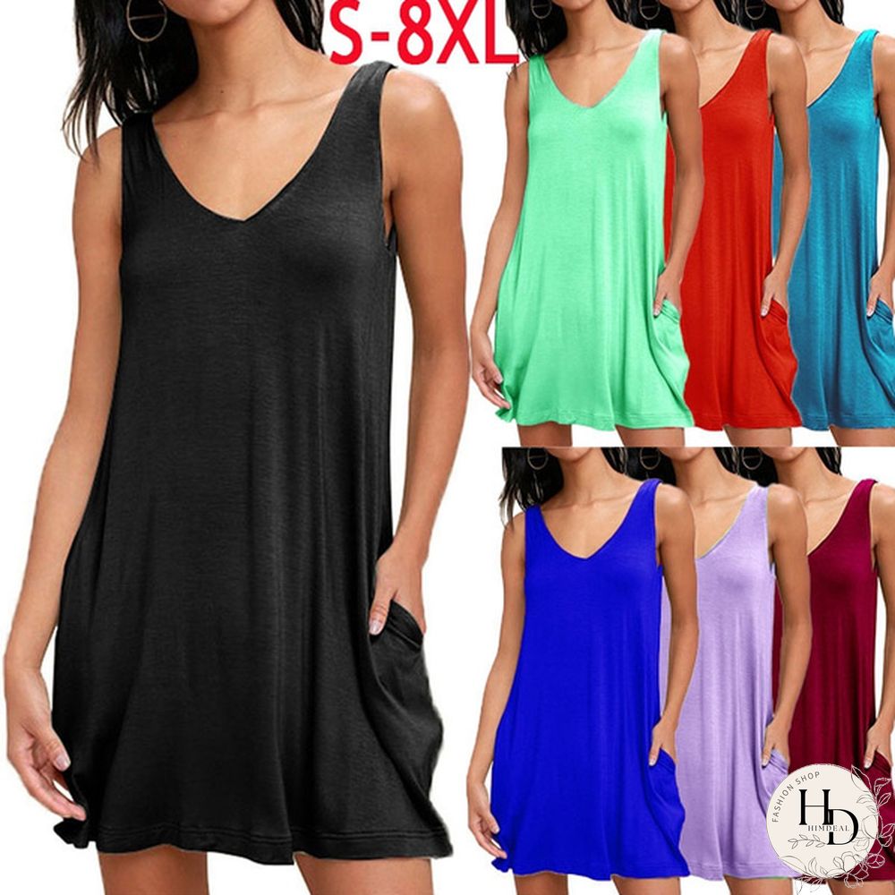 Summer Women Casual Solid Color Loose Sleeveless Beach Tank Top A-line Pocket Dress Sexy Deep V-neck Short Club Party Mini Halter Midi Dresses Robe Ete Femme Knee Length Pleated Skirts Ladies Fashion Swing Cotton T-Shirt Dress Plus Size S-8XL