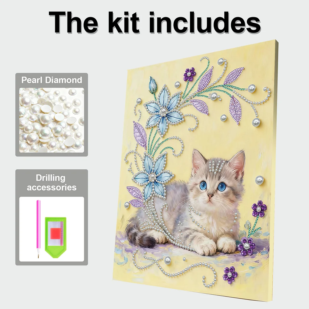 Kitten - DIY Pearl Diamond Art Kit With Frame 30*40cm