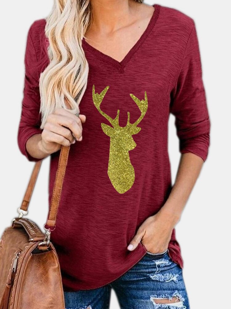 Cartoon Deer Print V neck Long Sleeve Casual Women T Shirt P1771090