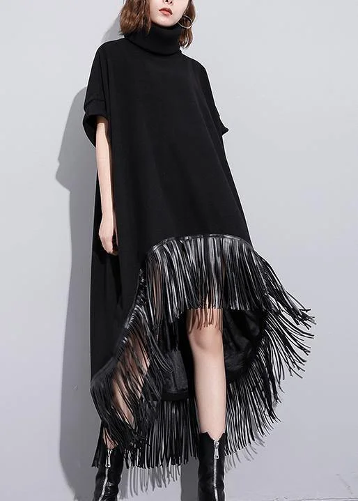 Elegant high neck tassel cotton Tunic Fabrics black Dresses