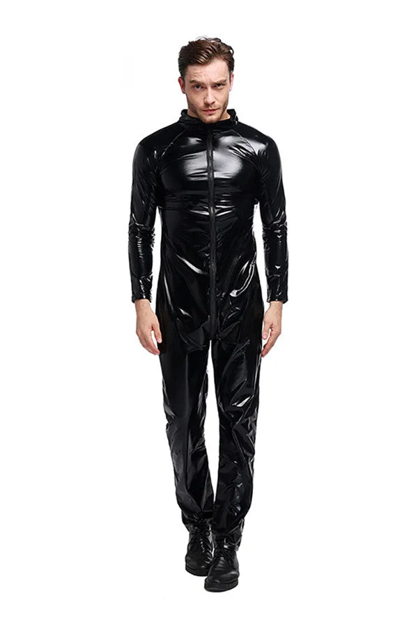 Patent Leather Jumpsuit Motorcycle Nightclub Halloween Men Costume Black-elleschic