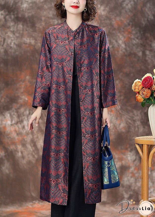 Purple Pockets Silk Coats Stand Collar Long Sleeve