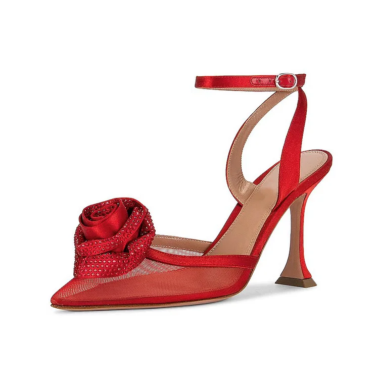 Red Mesh Rhinestone Flower Flared Heel Ankle Strap Pumps for Women |FSJ Shoes