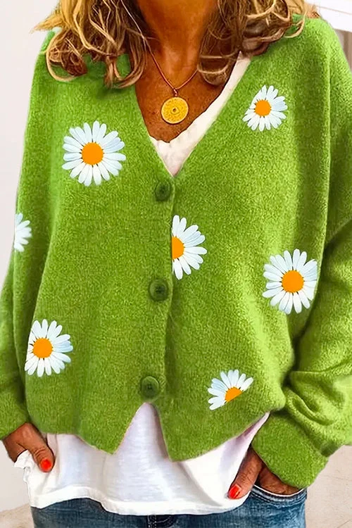 V Neck Button Up Daisy Embroidery Sweater Cardigan