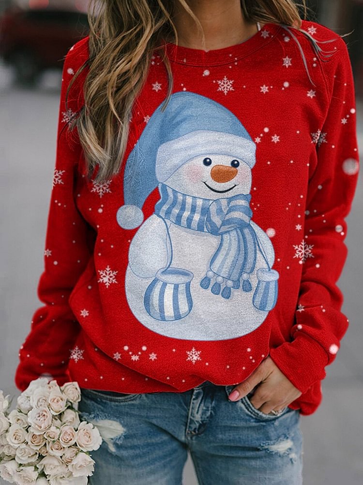 Christmas Snowman Face Print Long Sleeve Sweatshirt-luchamp:luchamp