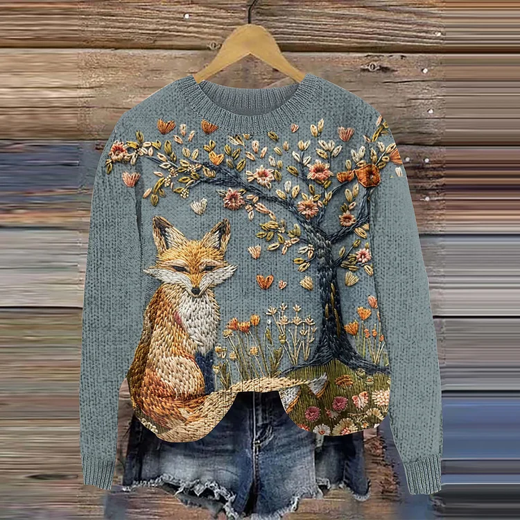 Vintage Fox Floral Art Crew Neck Cozy Sweater