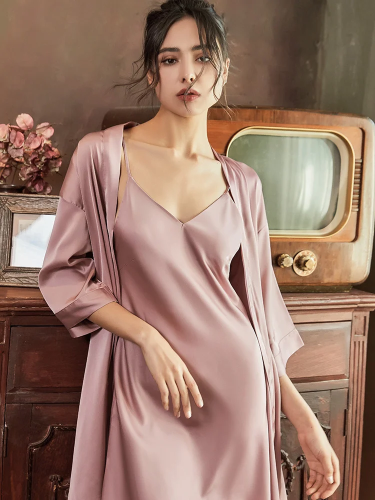 Satin Robe Set Sexy Women Sleepwear Casual Intimate Lingerie Faux Silk Nightdress Kimono Bathrobe Gown V-Neck Nightwear