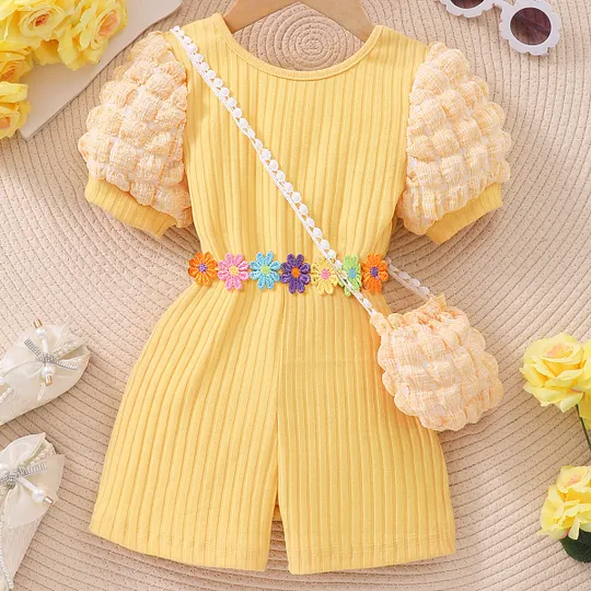 【2Y-7Y】Girls Floral Puff Sleeve Jumpsuit With Bag