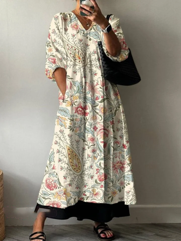 Womens Retro Paisley Floral Print Pocket V-neck Cotton Dress
