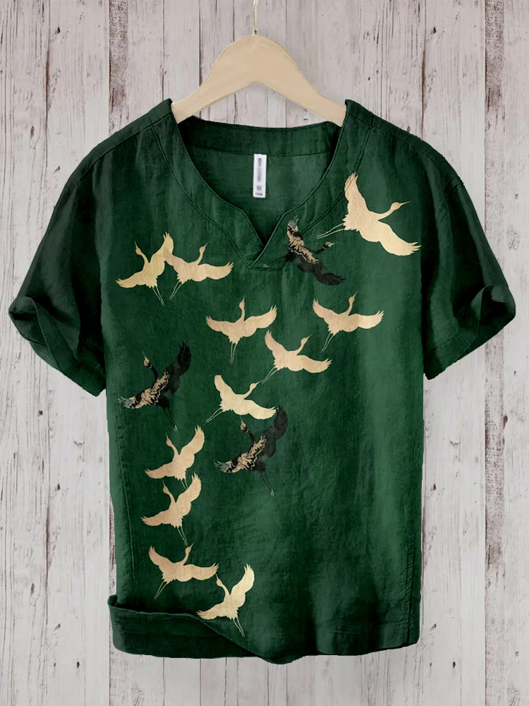 Japanese Crane Formation Pattern Linen Blend Shirt