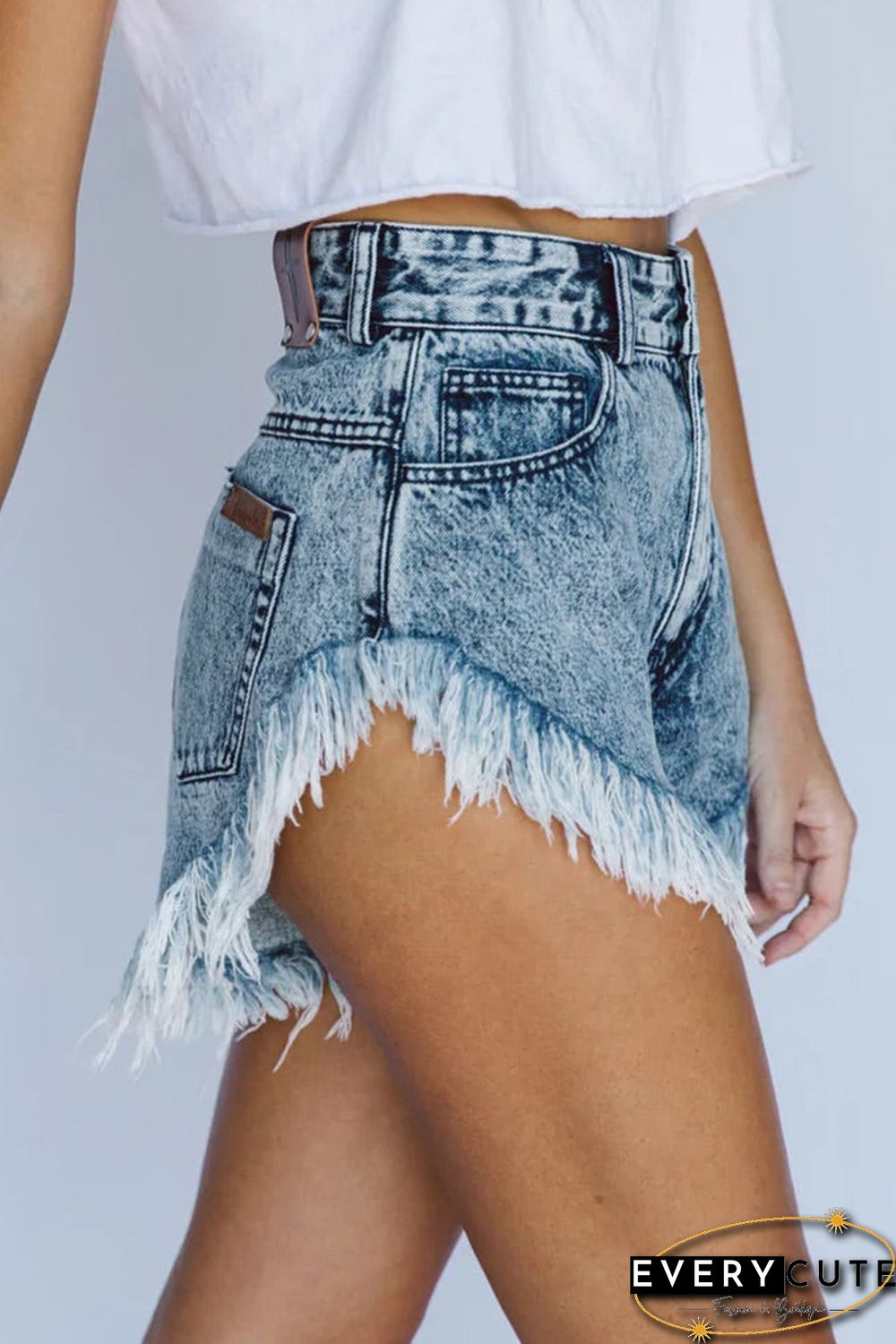 Sky Blue Dark Acid Wash Raw Hem Jean Shorts