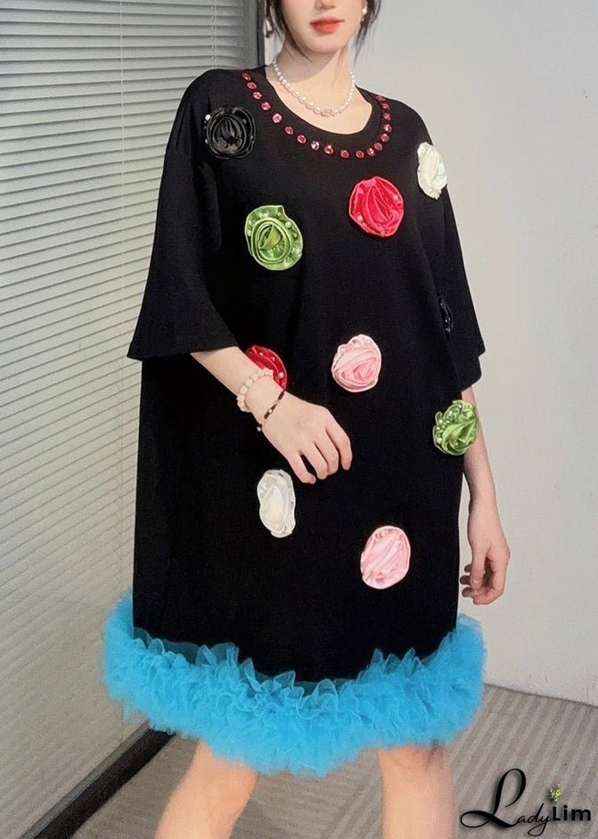 Black Patchwork Cotton T Shirts Dress Ruffled Floral Summer
