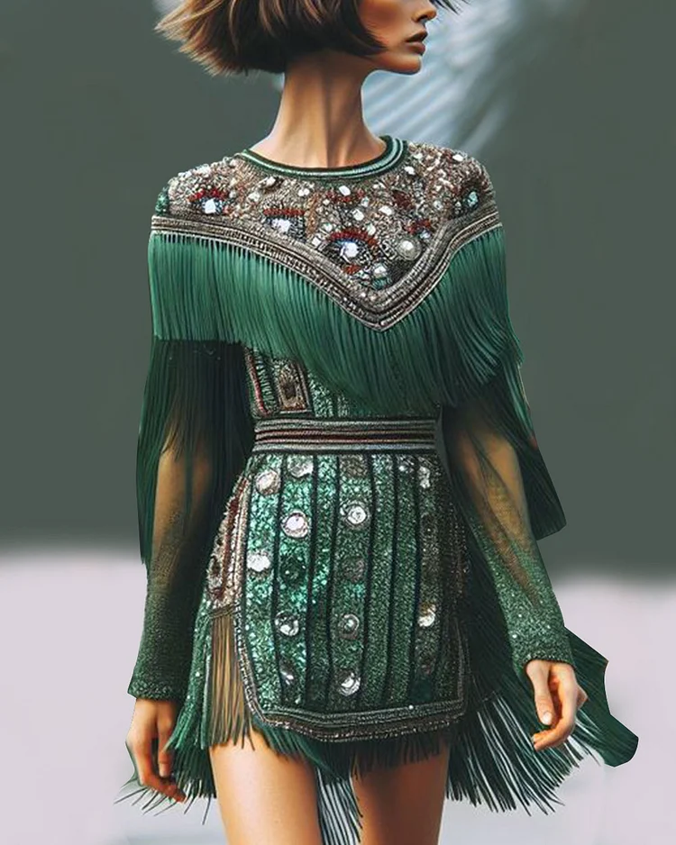 Crystal-Embellished Sequined Fringed Mini Dress