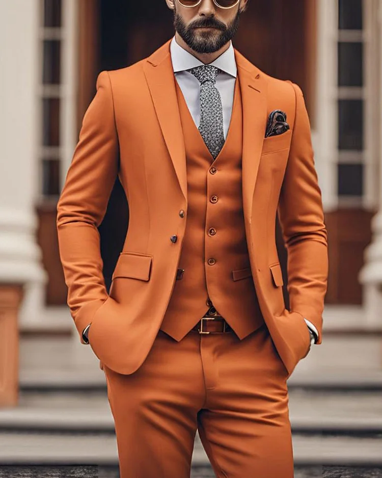 Men's Elegant Wedding Groomsmen Orange Suits 3 Piece Suit