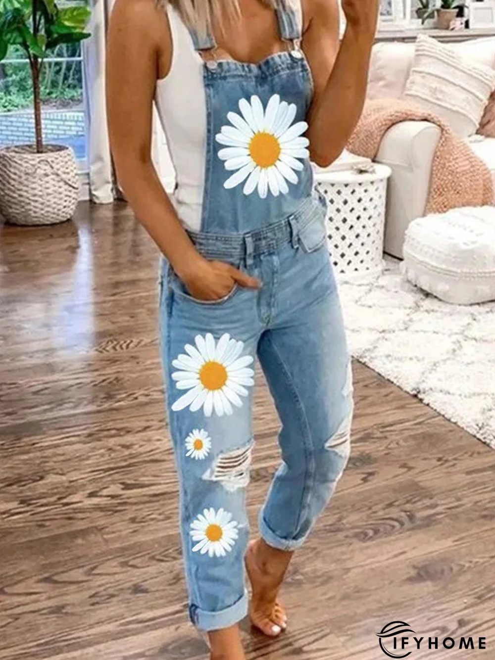 Denim Casual Plus Size Daisy Floral Printed Overalls Jumpsuit Jumpsuit & Romper | IFYHOME