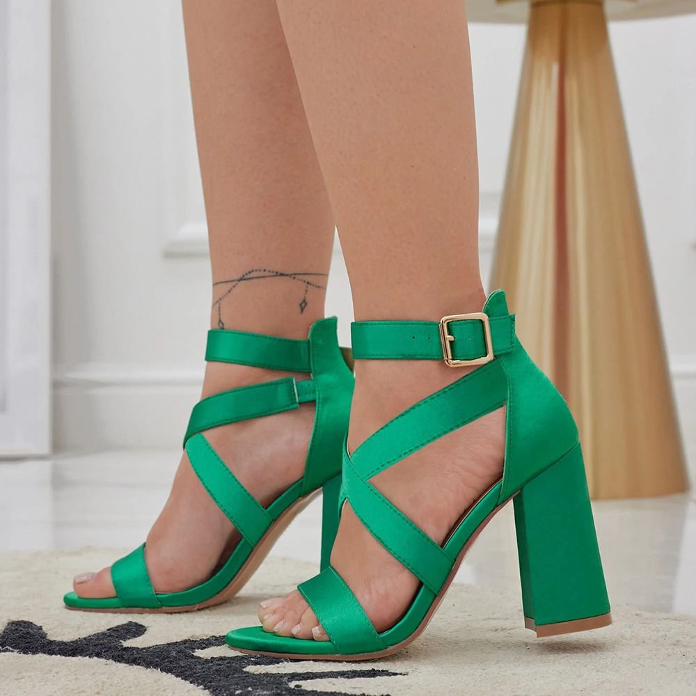 Ankle Strap Buckle Chunky Heels Open Toe Green Satin Sandals Nicepairs