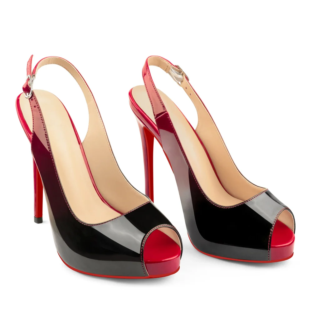 120mm Red Bottom Elastic Strap Slingback Sandals Peep Toe Platform Stilettos Patent Heels-MERUMOTE
