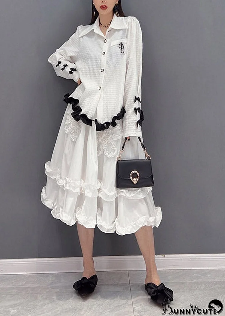 White Embroideried Ruffled Tulle Patchwork Chiffon Dress Two Pieces Set Spring