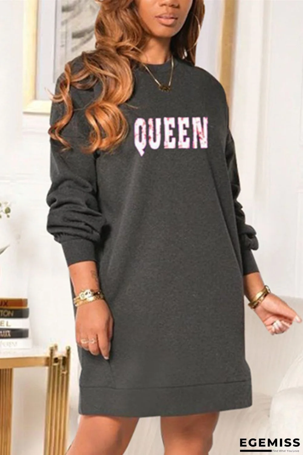 Black Fashion Casual Letter Print Basic O Neck Long Sleeve Dress | EGEMISS