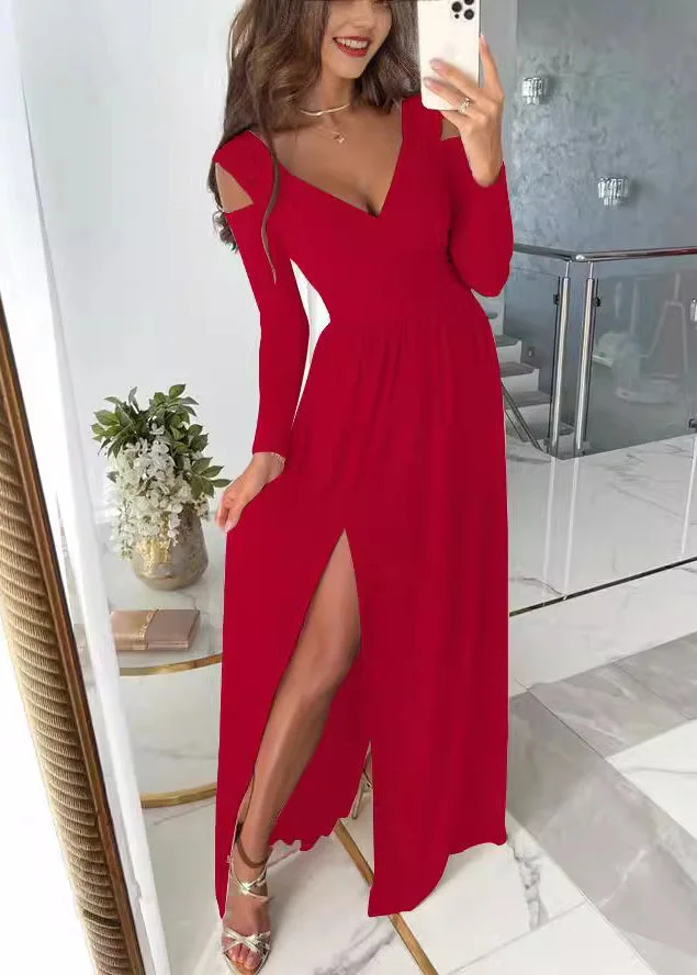 New Red V Neck Cold Shoulder Side Open Dress Fall
