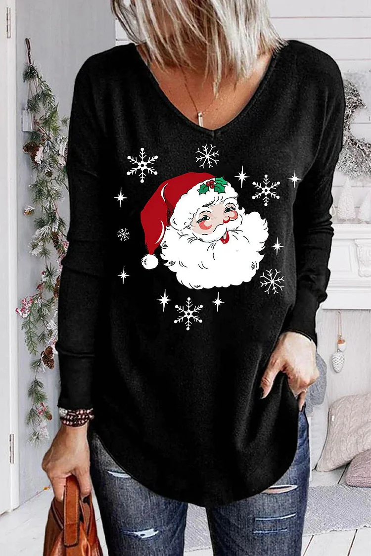Christmas Santa Claus V-Neck Shift Casual Long Sleeve Top